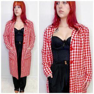 Vintage 80s 90s Red Check Plaid Long Coat M Medium Maximalist Clowncore